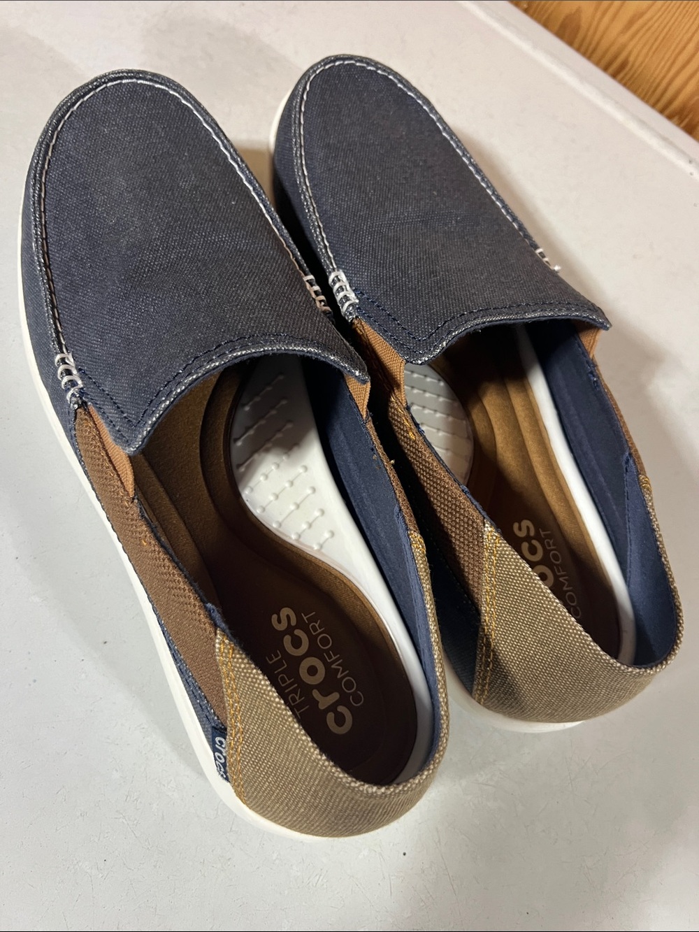 CROCS Men's Navy and Brown Canvas Slip-On Loafers
